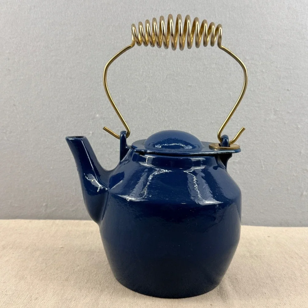 MCM Blue Enamel Cast Iron Teapot Spring Handle Quistgaard Style Danish Modern